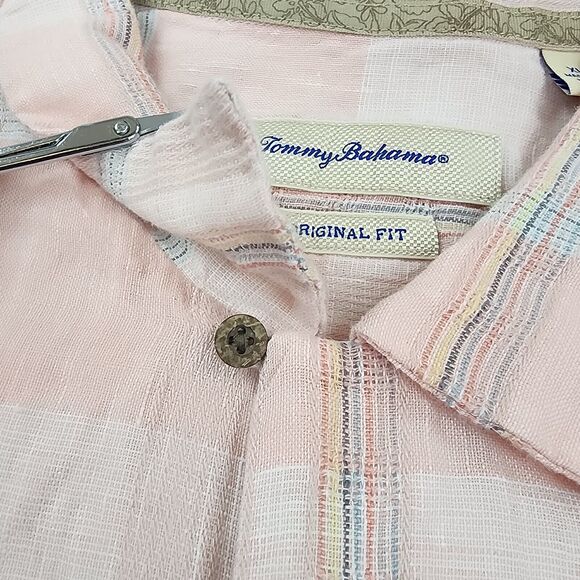Tommy Bahama Shirt Mens XL Plaid Linen Camp Loop Collar Coconut Buttons Sur Mer - Picture 9 of 16